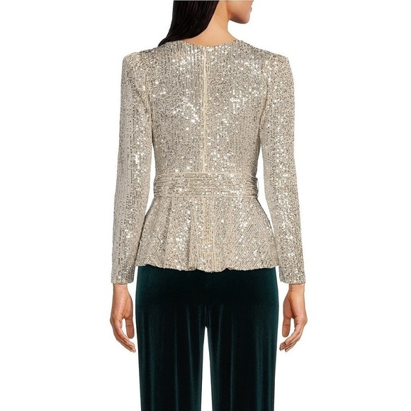 Nwt Eliza J Stretch Sequin Long Sleeve Surplice V-Neck Tie Waist Faux Wrap Top 6 - Picture 2 of 11